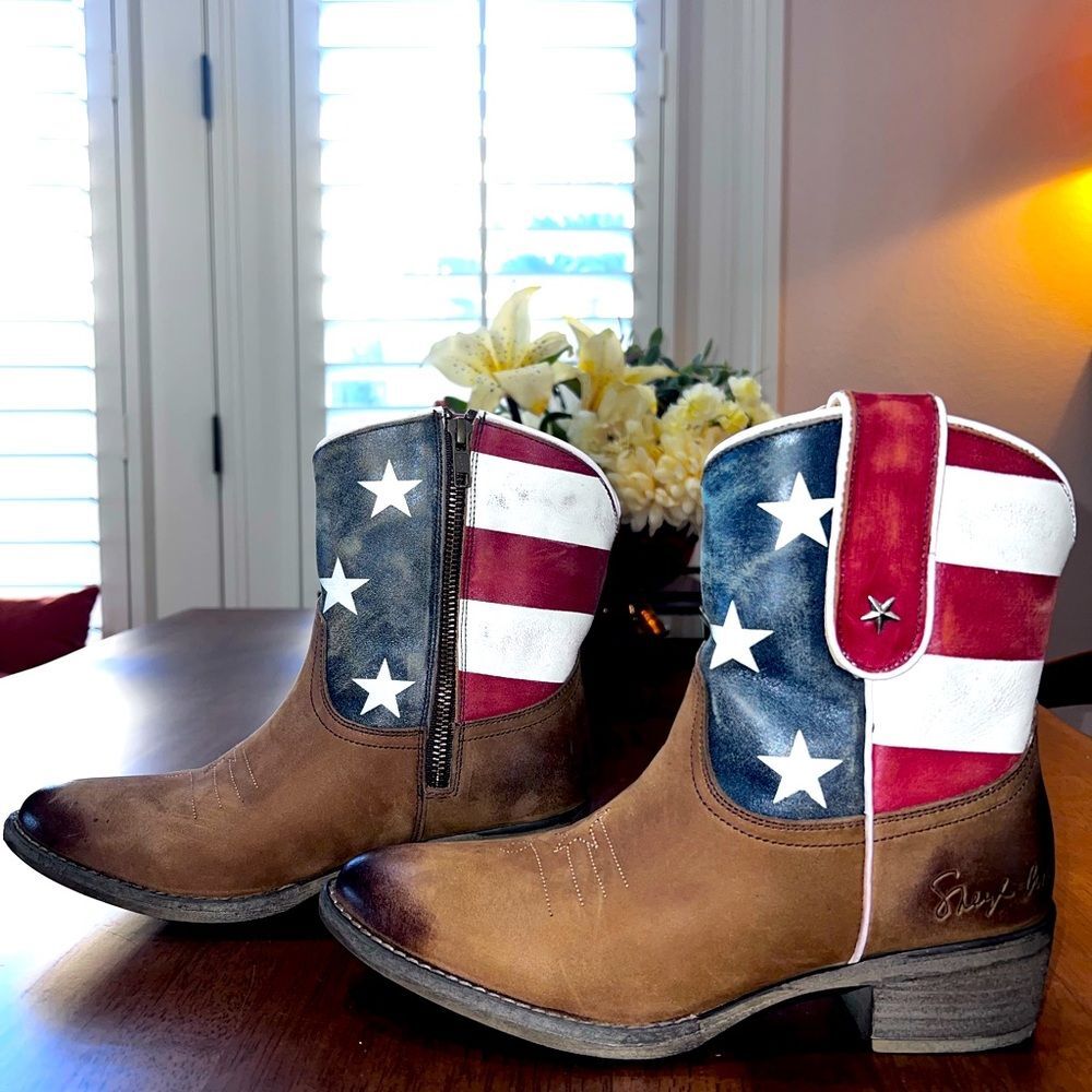 Sheryl Crow Americana Patriot Ankle Western Boots Leather Stars Stripes 7.5 M